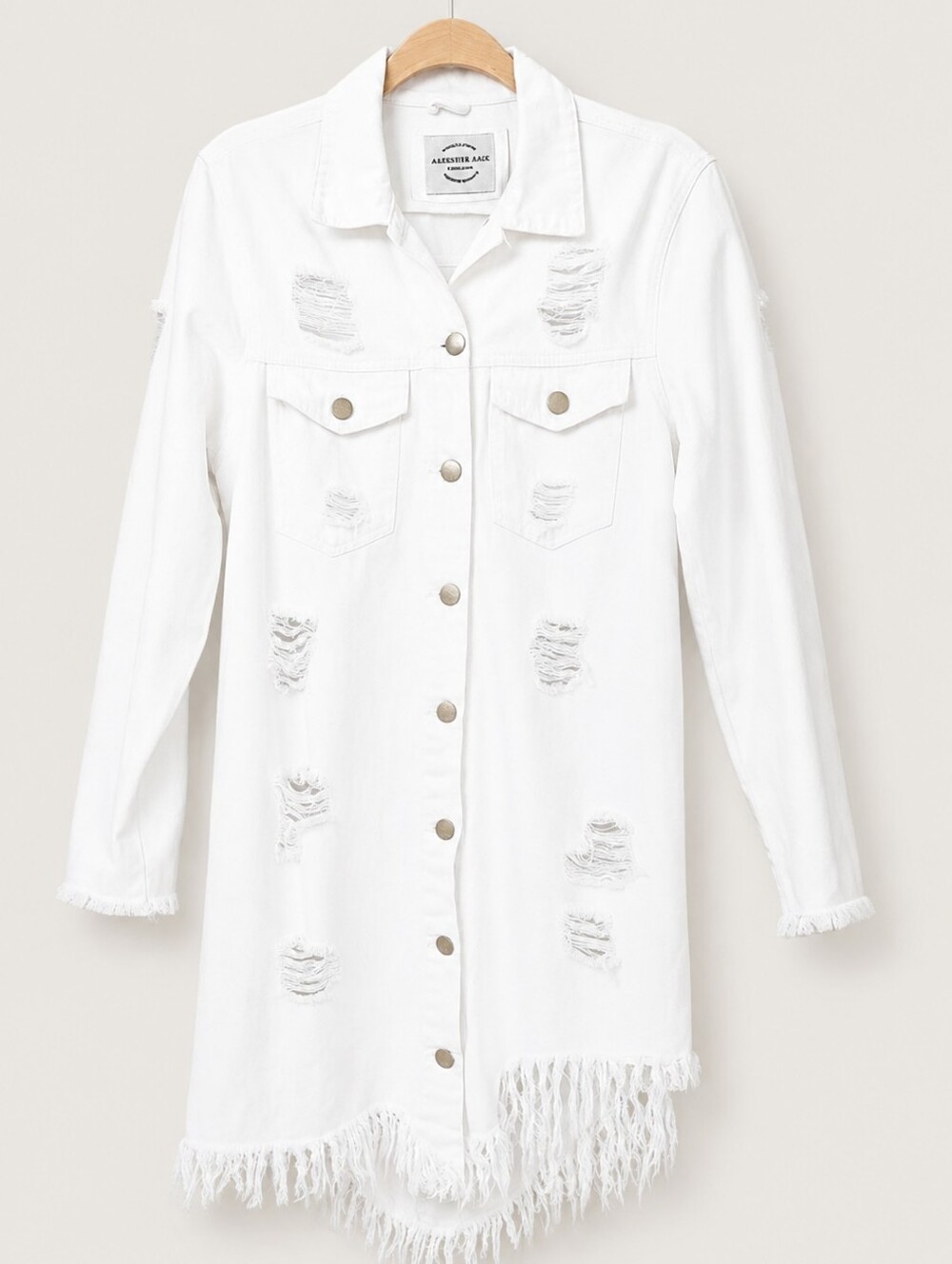 American Bazi White Distressed Frayed Long Denim Jacket Size Medium